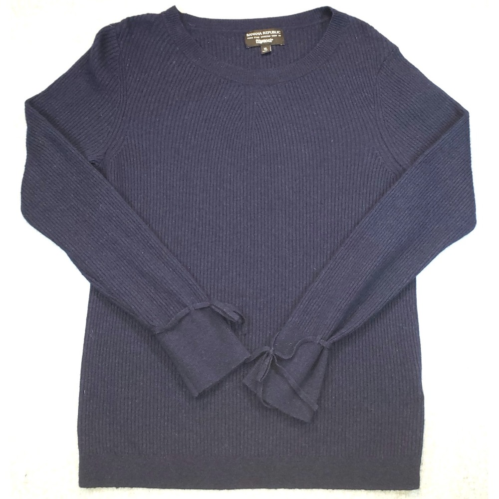 Banana Republic Filpucci Wool Blend Sweater Womens Navy Blue Sz XL Ribbed Tie Sl